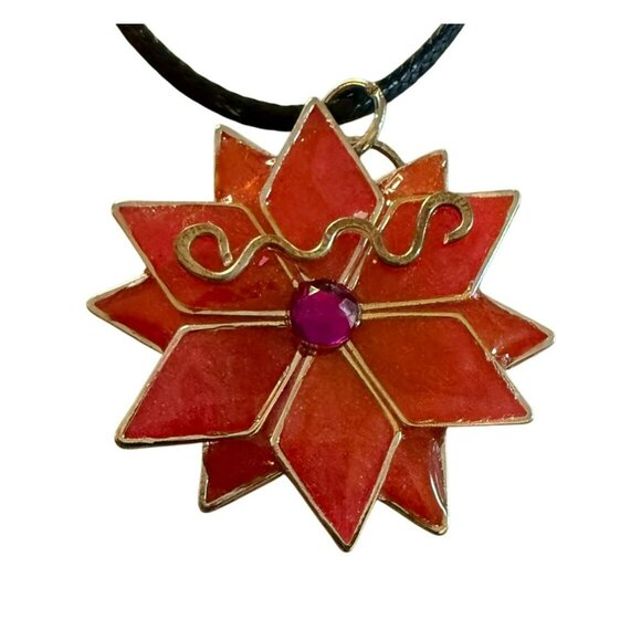 Red Starburst Pendant Necklace With Black Cord Chain & Gold-Tone Clasp - Picture 2 of 3